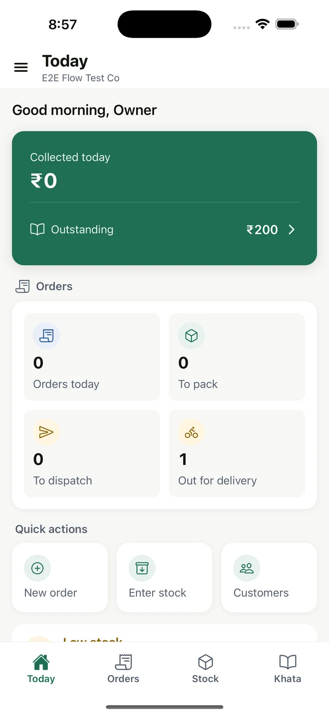 MyDukaan Today dashboard showing collections, dues and order statuses