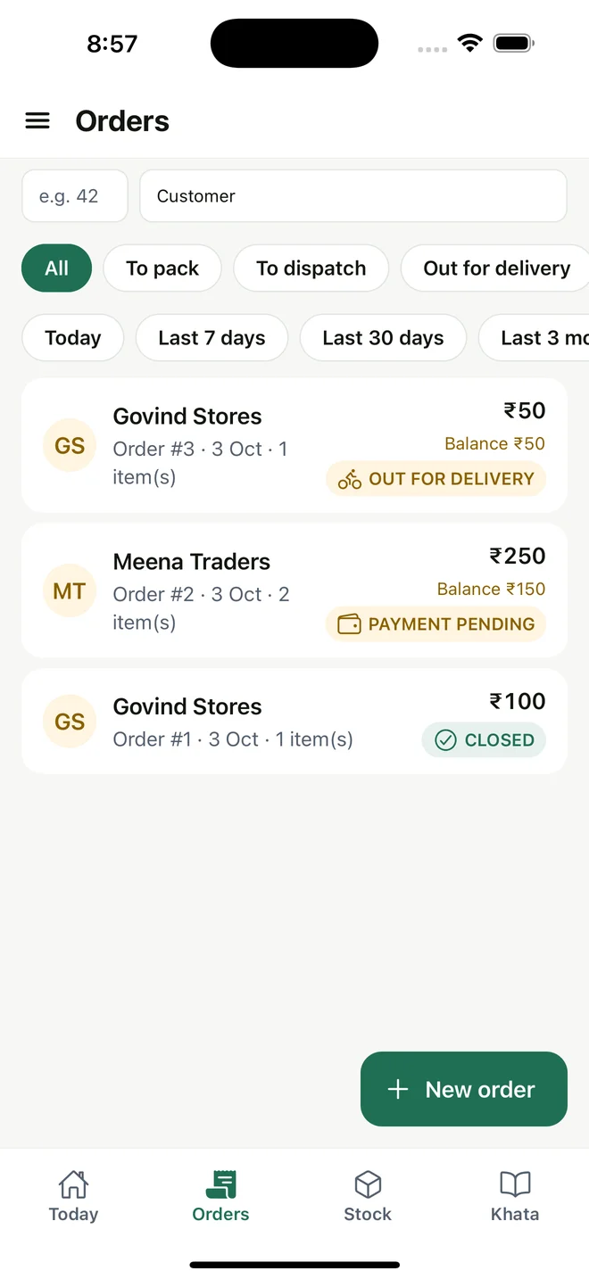 Orders with delivery and payment statuses