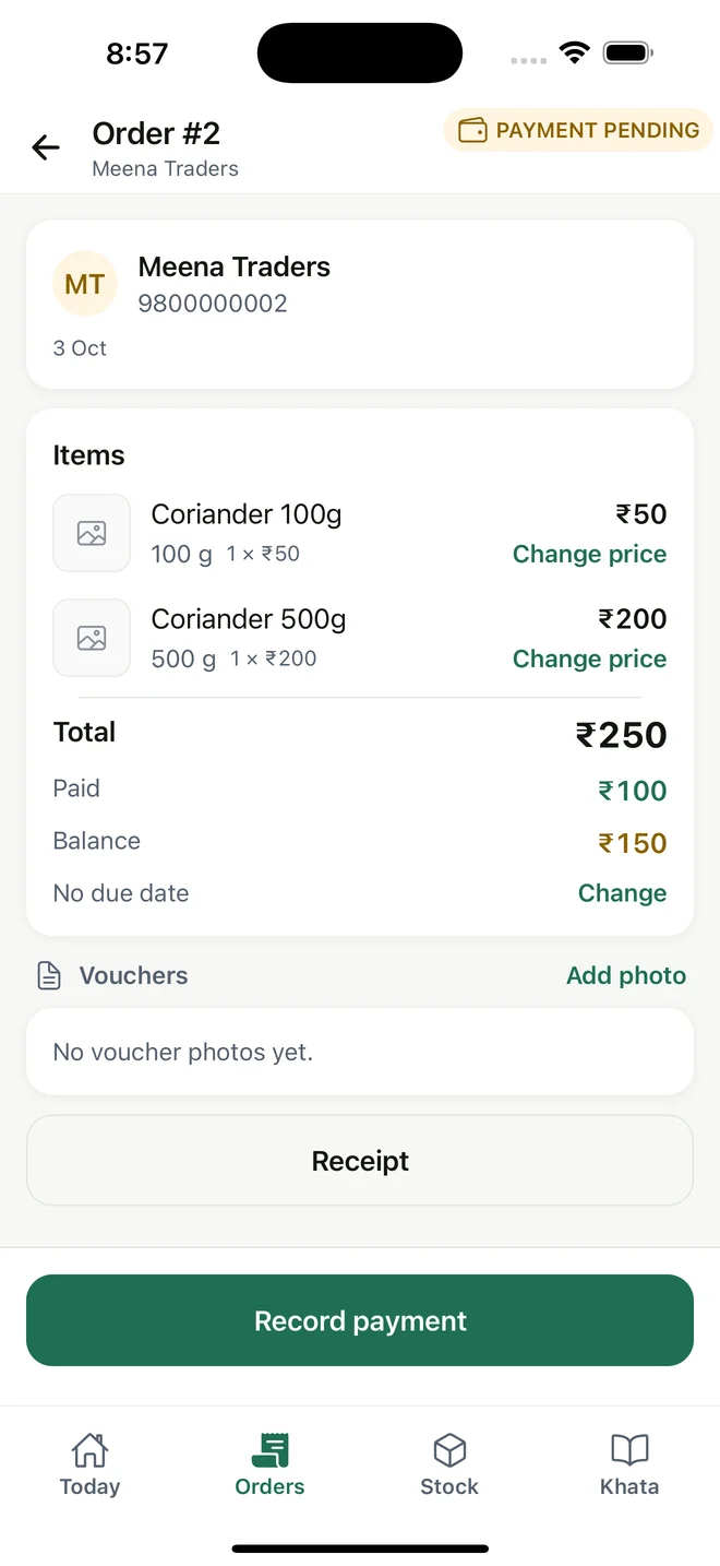 MyDukaan order details with items and customer payment information