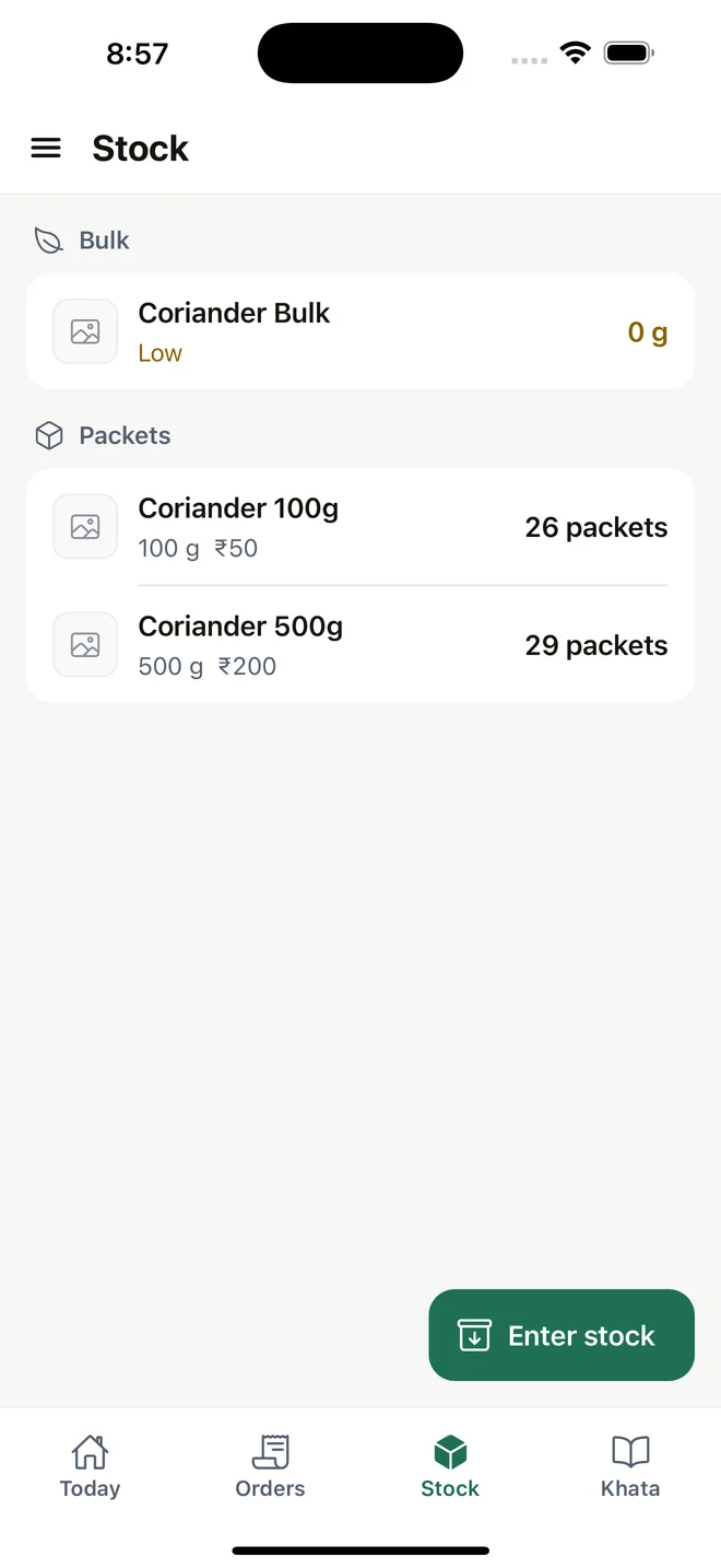 MyDukaan stock screen showing bulk materials and packed products